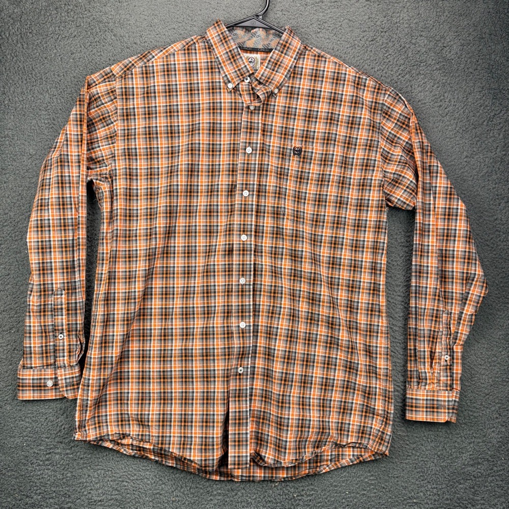 Cinch Mens Long Sleeve Button Down Shirt Orange Grey Plaid Size L MTW1104445